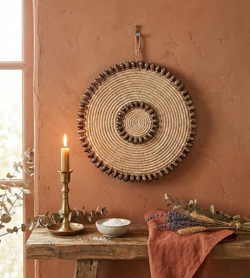 Décoration murales en Raphia et coquillages brun (43cm) Maison Sisal