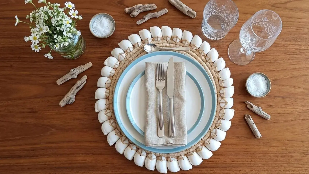 6 Sets de table Raphia et coquillages blancs (25 cm) Maison Sisal