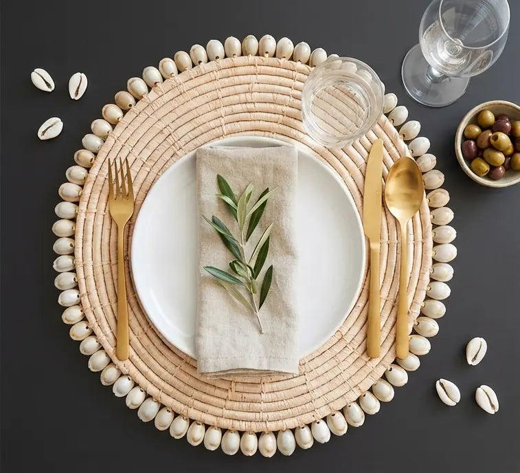 6 Sets de table Raphia et coquillages amande (30 cm) Maison Sisal
