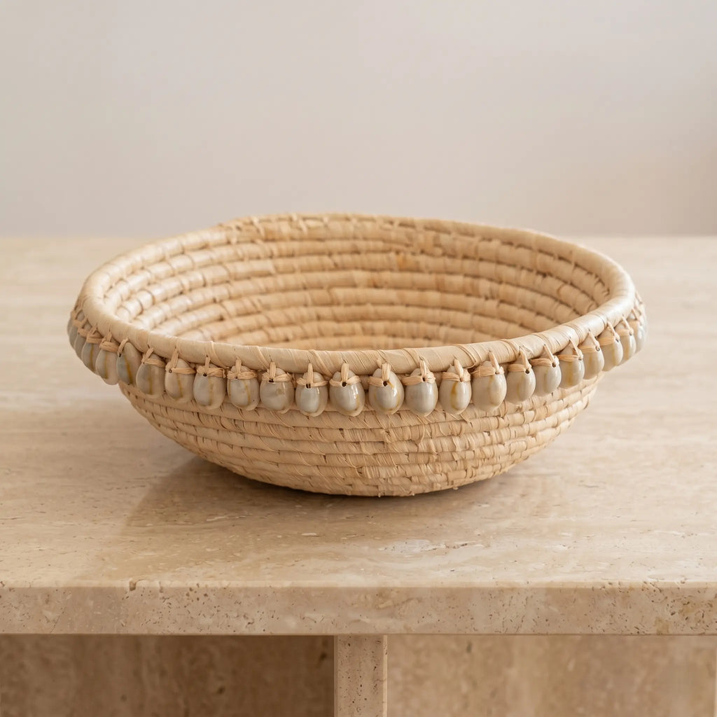 Corbeille en Raphia et coquillages (28cm) Maison Sisal