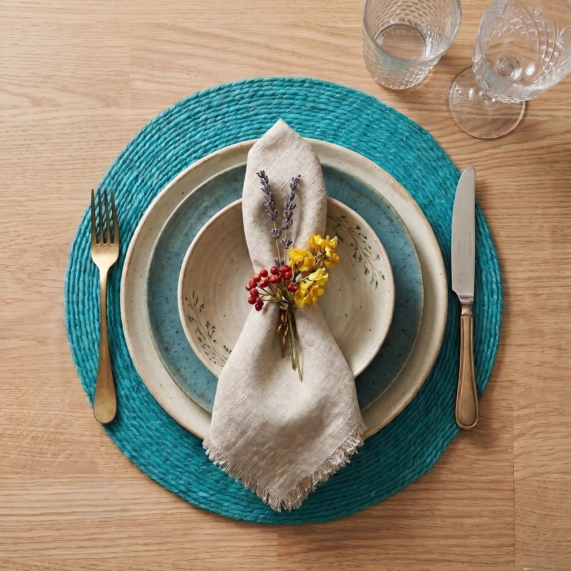 6 Sets de table "Disque" – 100% Sisal (Gueule cassée - Bleu) Maison Sisal